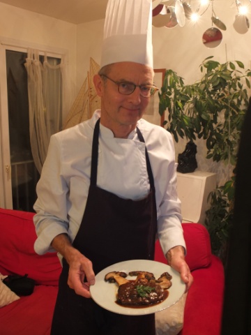 Chef Angus with one of his dishes: Feather Blade steak confit with Madiran wine, Auvergne Ceps